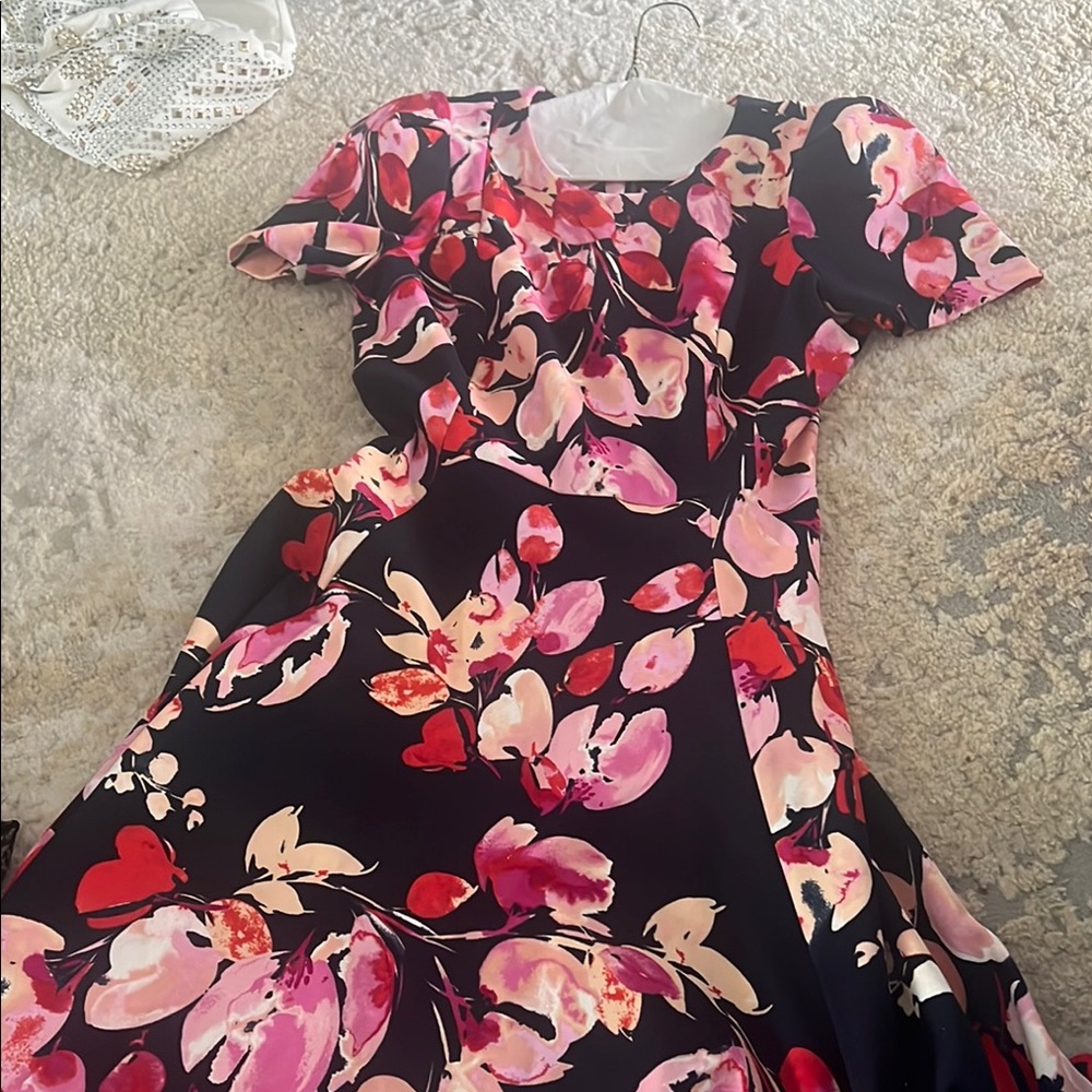 Calvin Klein Pink and Orange Puff Sleeve Midi Dress